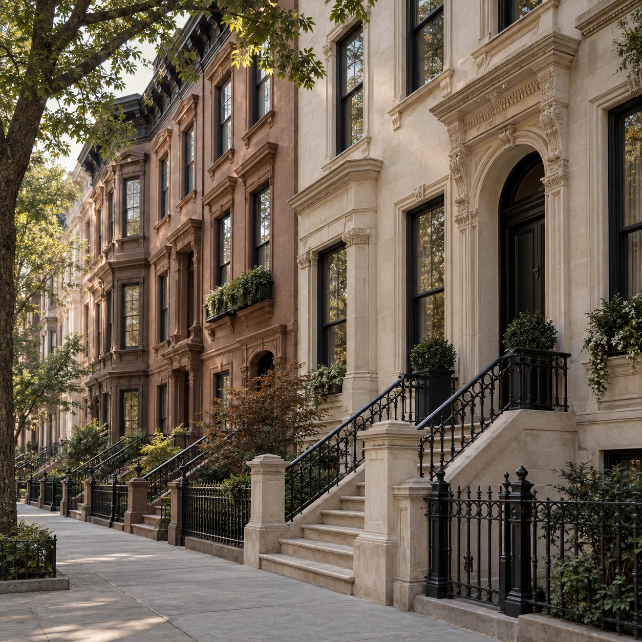 Classic Brooklyn brownstones on a tree-lined street