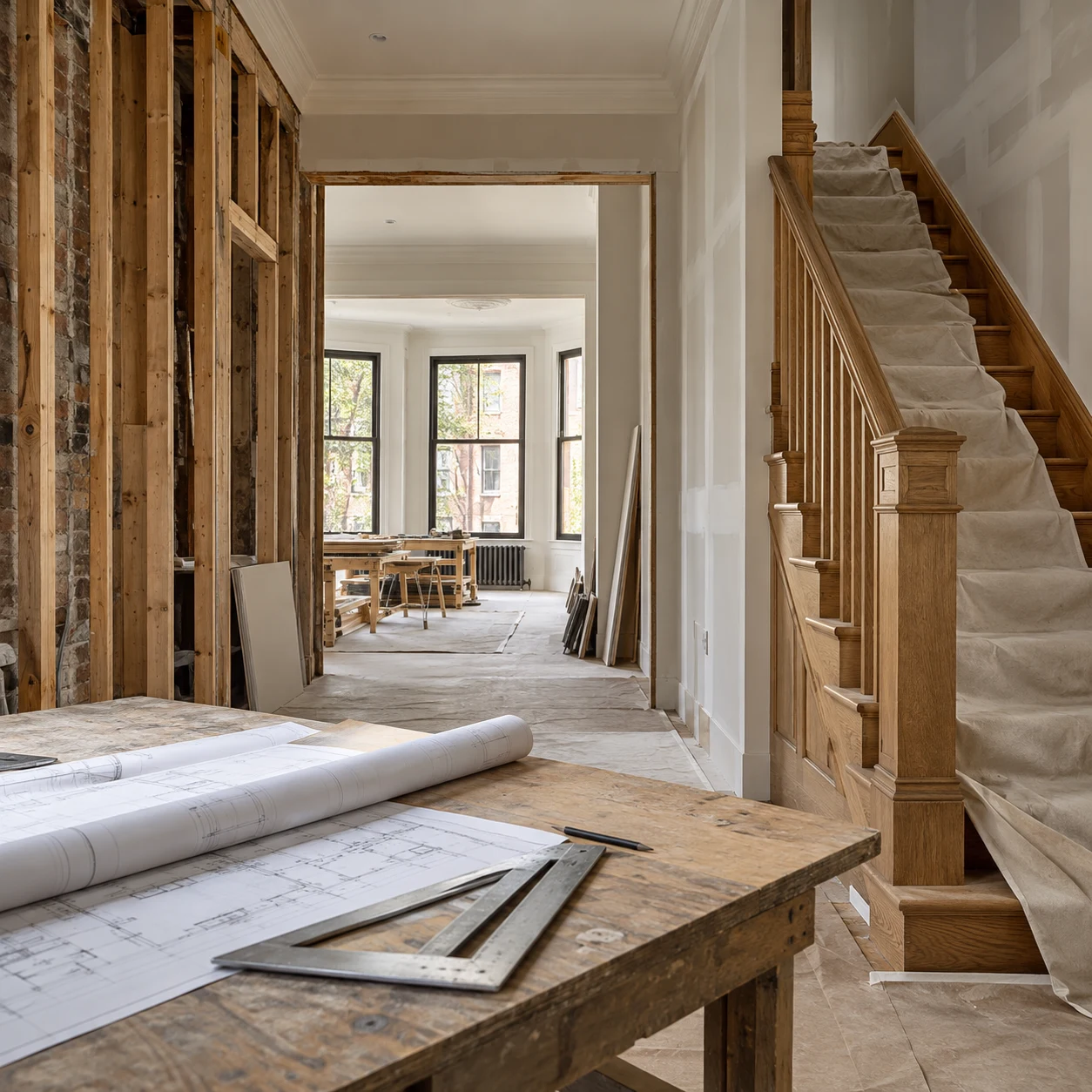 A residential renovation with framing and plans on a workbench