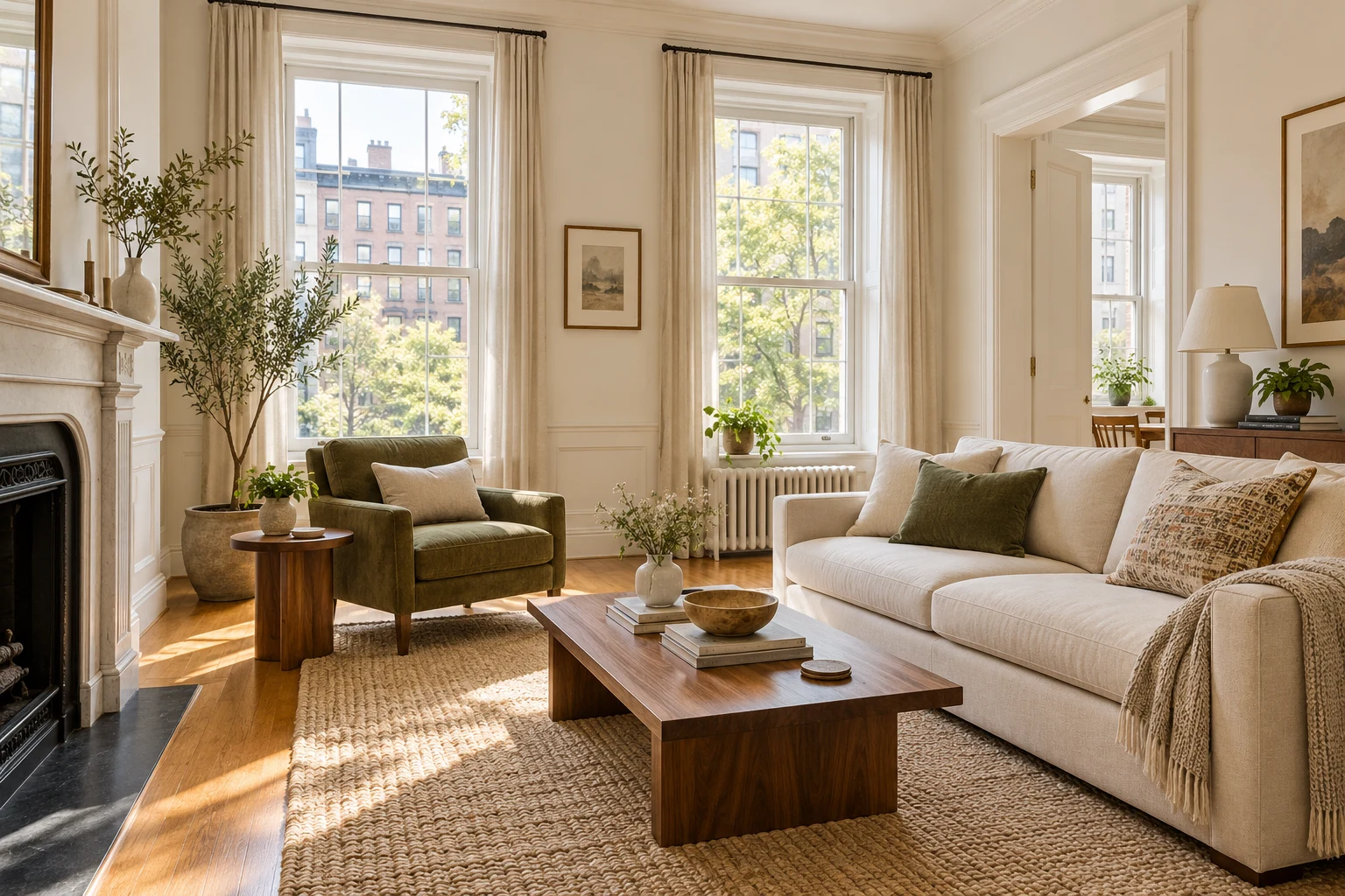 A contemporary living room with warm wood finishes